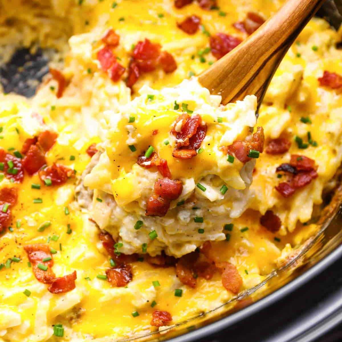 Crockpot cheesy potato casserole for holiday mornings.