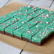 Rows of green and brown mint chocolate christmas fudge.