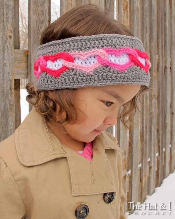 Knit Heart Headband Cream and Red Ear Warmer Headwarmer 