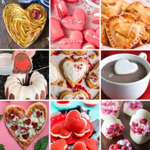 Collage of 9 heart shaped food recipes.