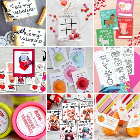 Collage of printable valentines day cards for kids.