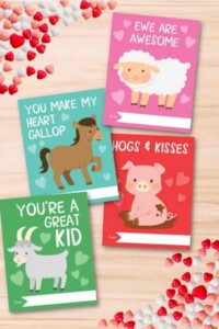 4 farm themed printable valentine cards with solid color backgrounds and cute farm animals along with a pun.