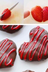 Chocolate covered strawberries in a heart shape.