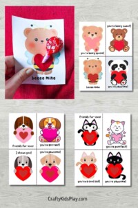 3 sheets of printable valentine cards and one cut out and made into a lollipop holding valentine.