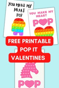 3 printable valentine cards with pop it art and pop it puns.