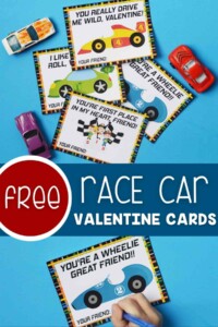 Assortment of printable valentine cards with a cartoon race car on them.