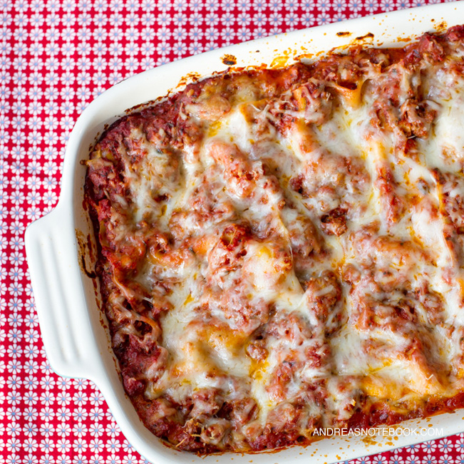 Cheesy lasagna in a pan.