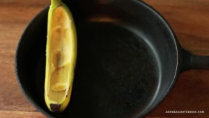 Empty banana peel in a skillet.