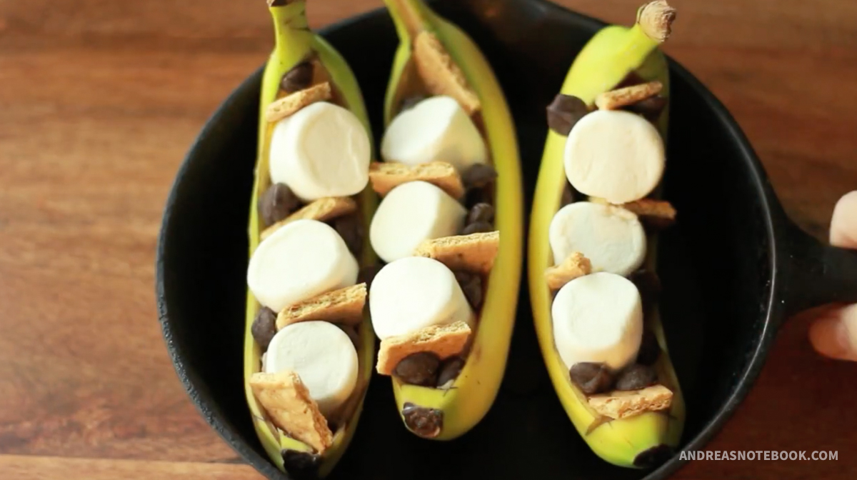 Bananas stuffed with uncooked marshmallows, graham crackers and chocolate.