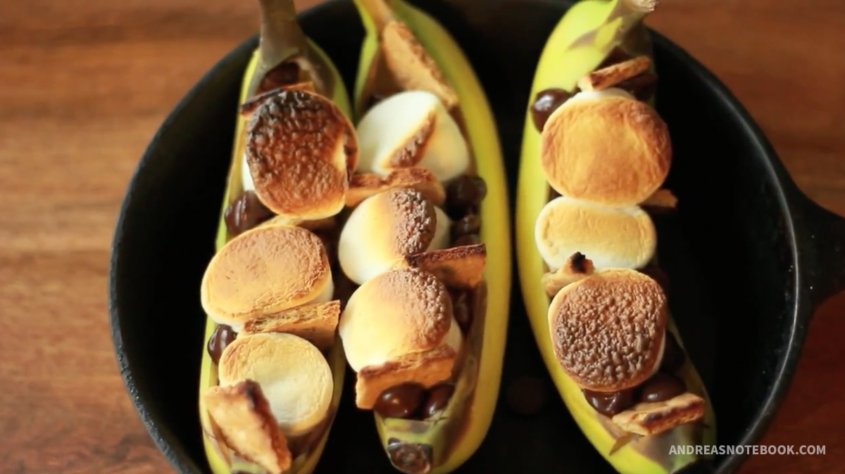 Bananas stuffed with toasted marshmallows, graham crackers and melted chocolate.