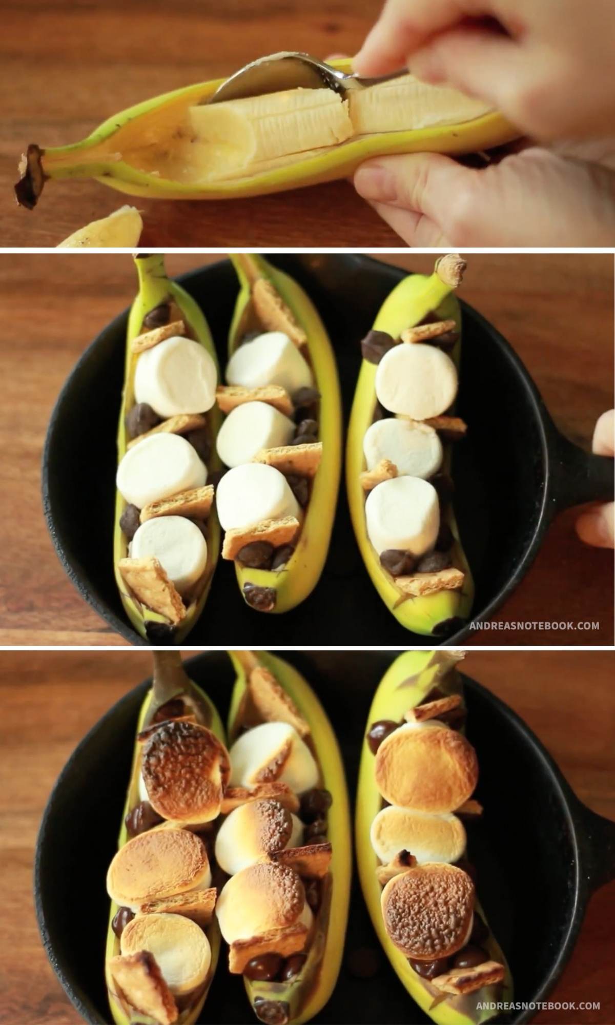 Banana boat smores collage.