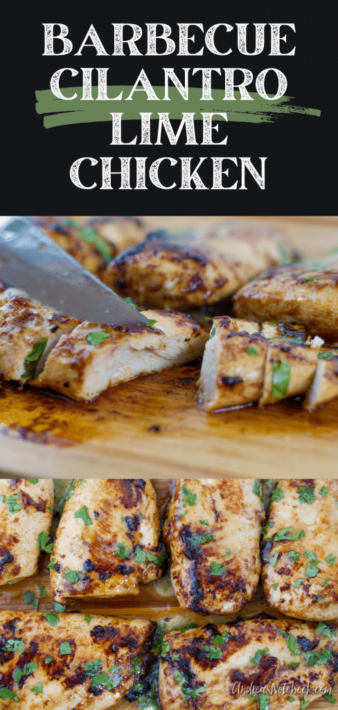 juicy cooked barbecue cilantro lime chicken breasts on a cutting board with cilantro on top