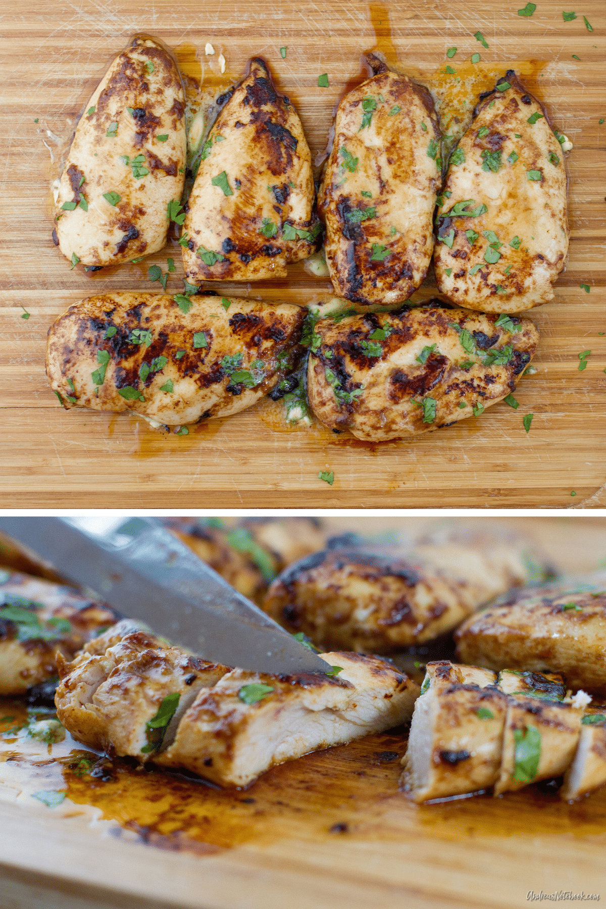 juicy cooked barbecue cilantro lime chicken breasts on a cutting board with cilantro on top