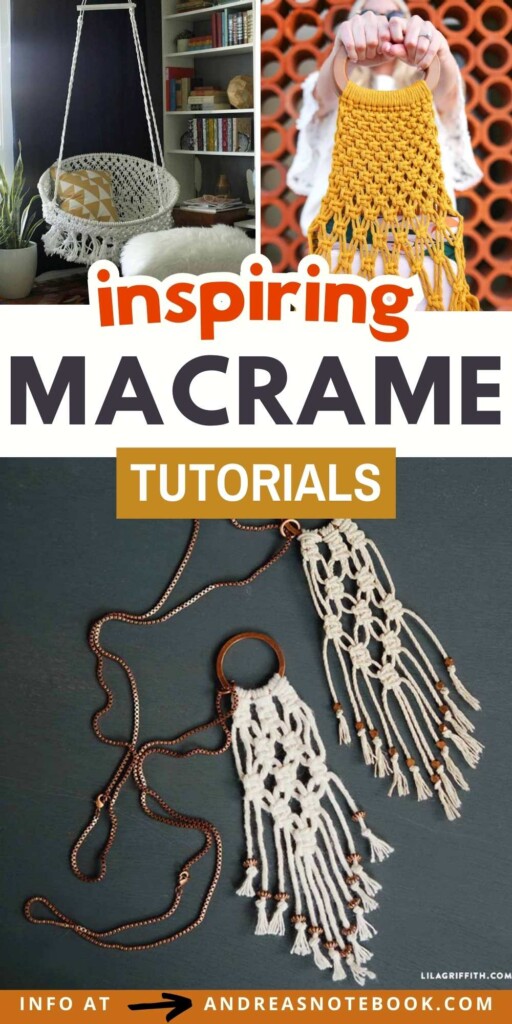 Collage of inspiring DIY macrame tutorials including a handbag, necklace and planter.