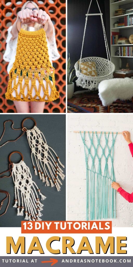 Collage of inspiring DIY macrame tutorials including a handbag, necklace and planter.