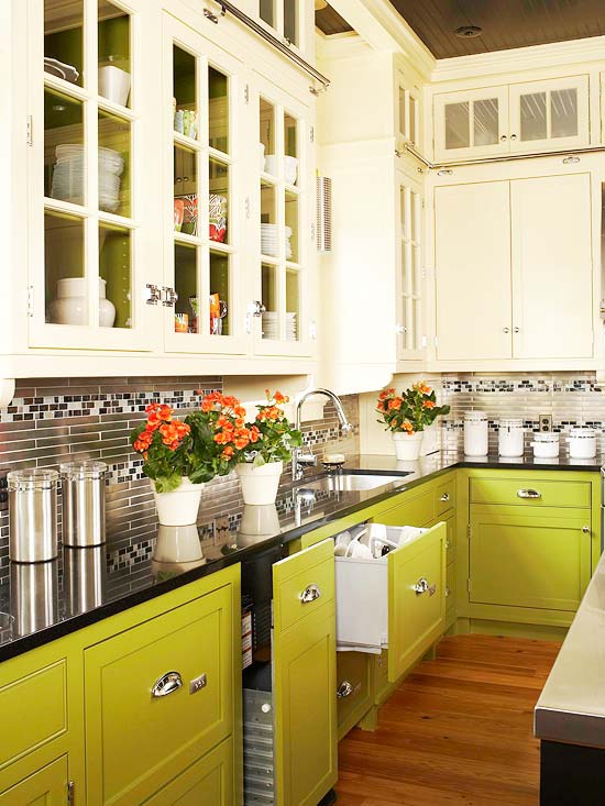 lime green and white kitchen cabinets