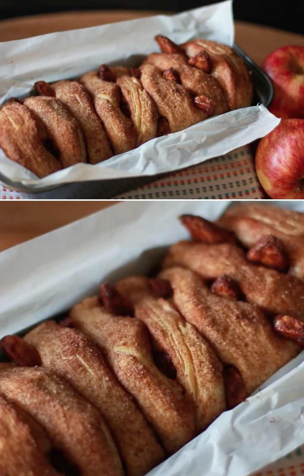 apple pie pull apart bread in a bread pan.