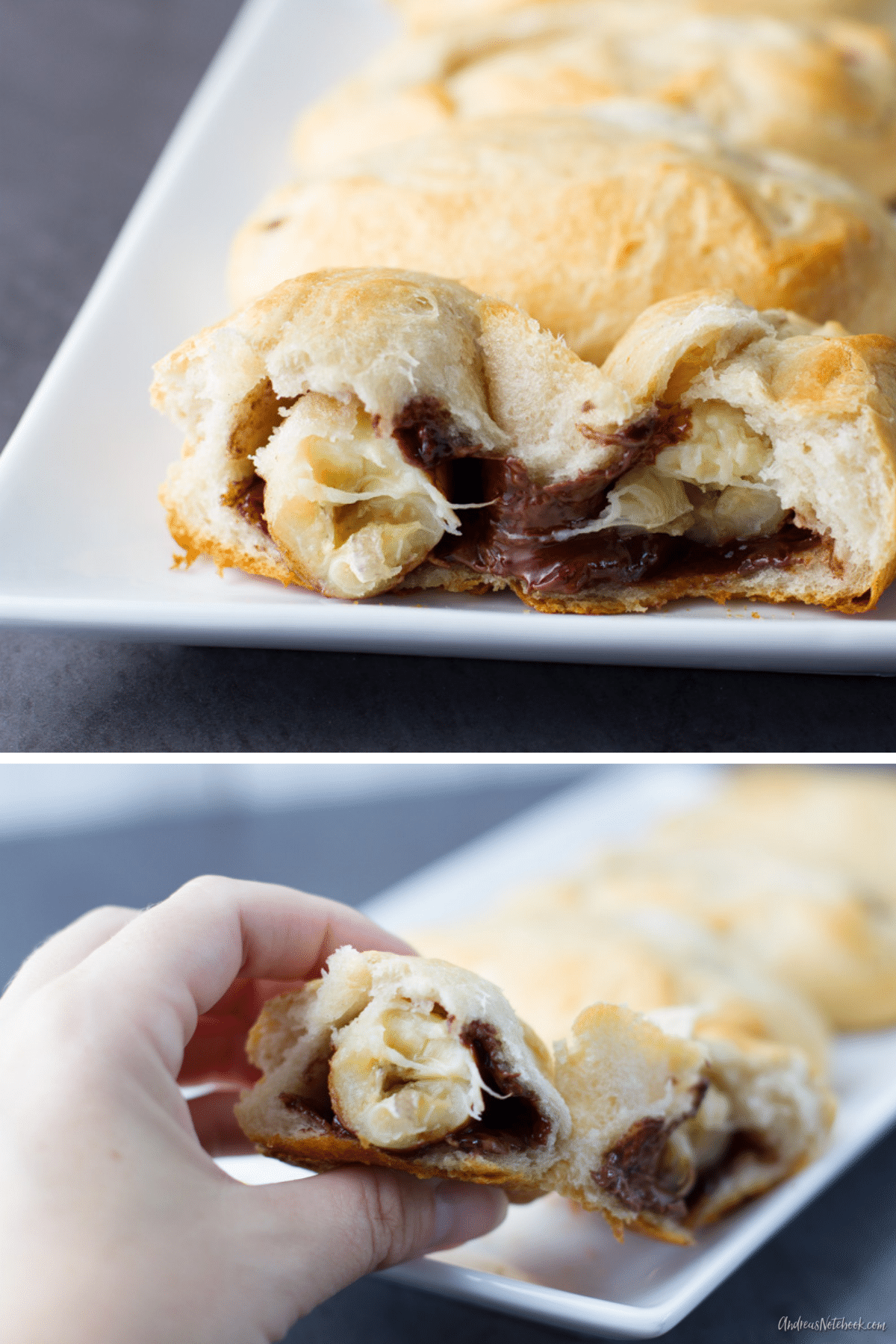 banana nutella croissant biscuits opened to show soft banana chocolate center