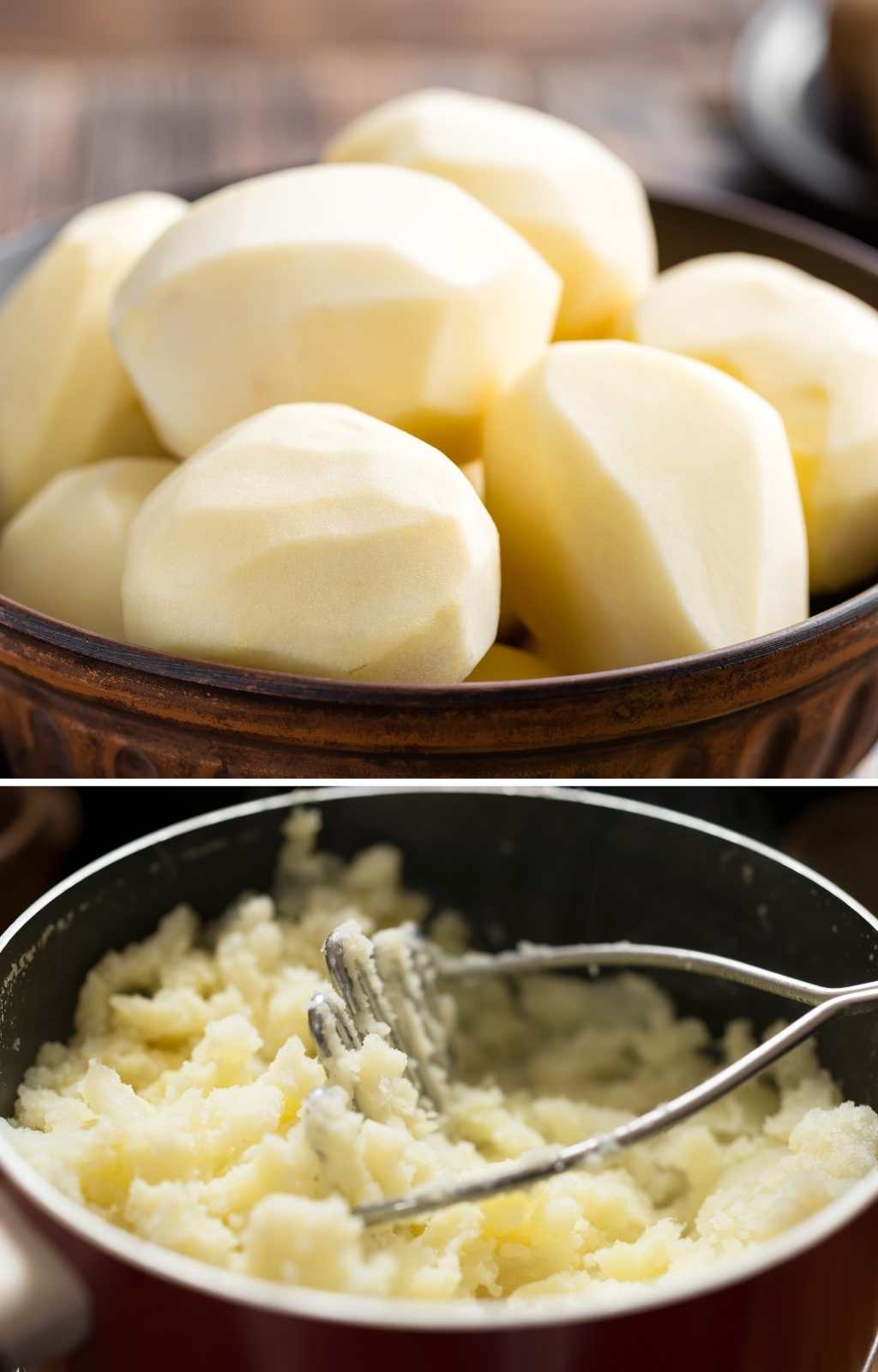 peeled potatoes in a bowl and mashed potatoes in a pot.