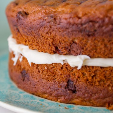 Chocolate chunk pumpkin cake with cream cheese frosting