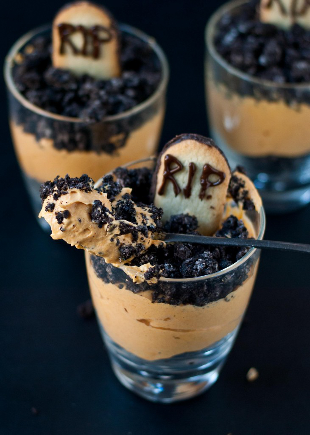 Halloween dirt cup with an RIP tombstone on top for a scary Halloween treat.