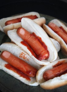 Bloody finger hotdogs in a bun.
