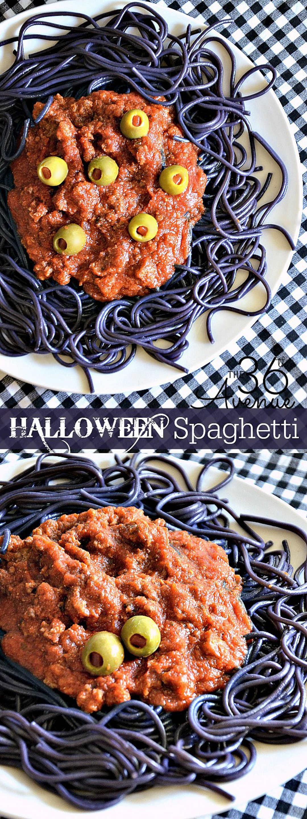 Creepy Halloween spaghetti on a plate with dyed purple spaghetti and marinara sauce with two green olives on top as eyes.