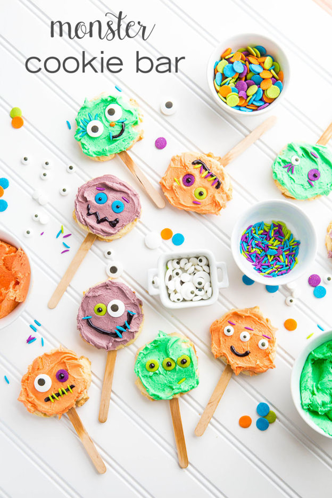 Scary Halloween monster cookies on a stick.