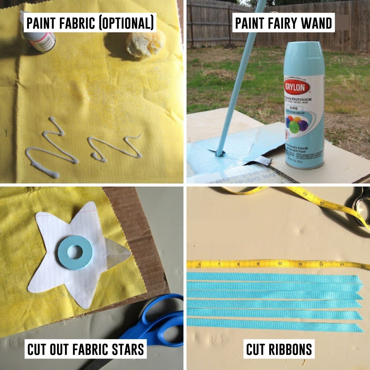 Step one and two of diy fairy wand tutorial including image of painting fabric, painting dowel, cutting fabric and cutting ribbons.