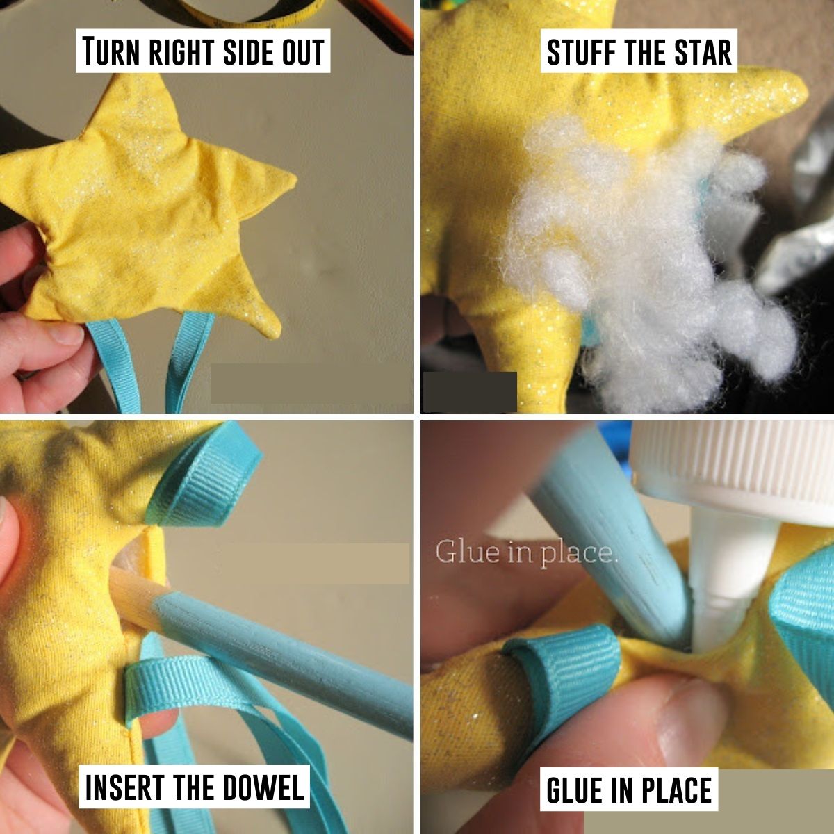 Collage of DIY fairy wand instructions including image of turning star right side out, stuffing star, inserting wand and gluing shut.