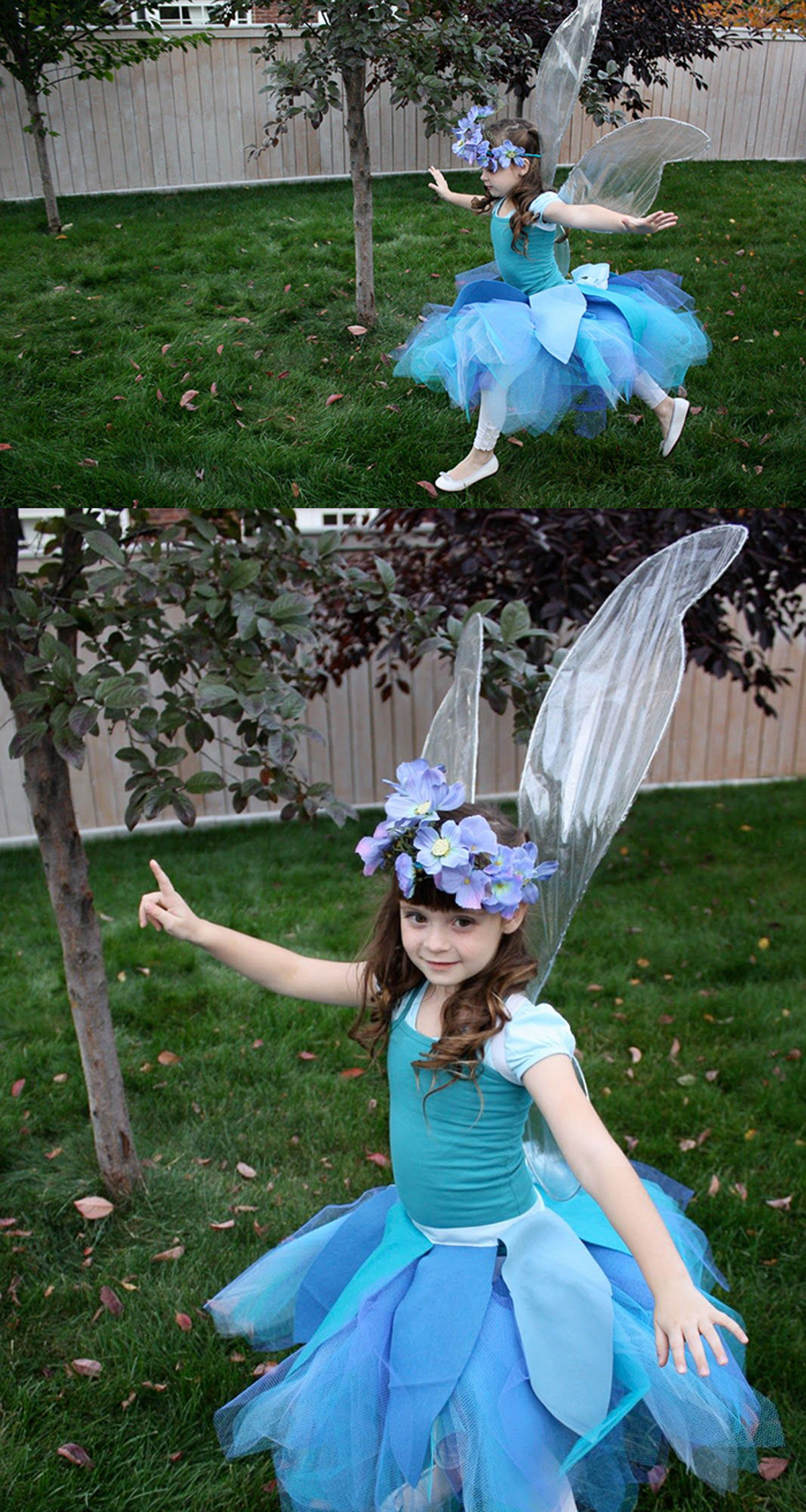 Little girl in homemade blue fairy costume with DIY no sew iridescent fairy wings and a flower headband.