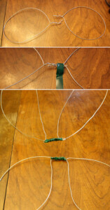 Collage of steps to make wire frame for fairy wings.