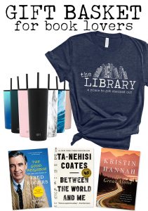 gift basket for book lovers library blue shirt straw water bottle books