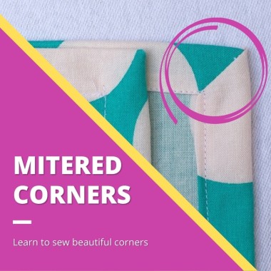purple triangle in corner with text: how to sew mitered corners - purple circle around napkin with a mitered corner
