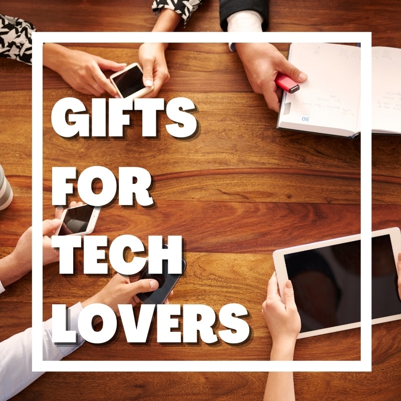 text says gifts for tech lovers - image of hands holding phones and tablets