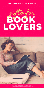 poster: writing says gift guide for book lovers: woman sitting on couch reaching book
