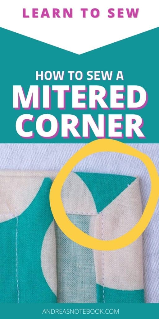 yellow arrows pointing at a mitered corner in a handmade cloth napkin