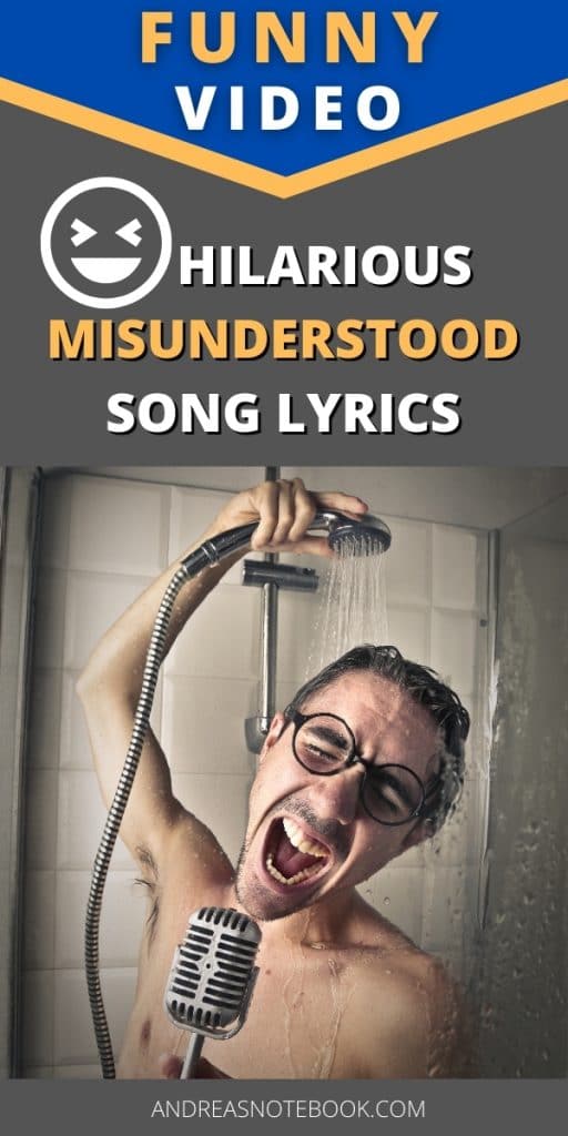 poster - blue and gray background - text says hilarious misunderstood song lyrics- photo of man singing in shower