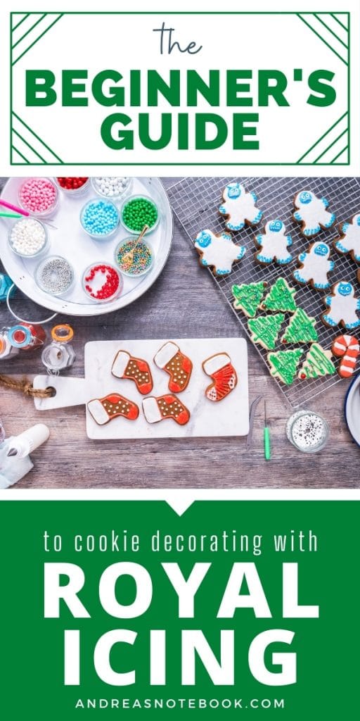 how to do royal icing - christmas shaped cookies decorated with royal icing - title says beginner's guide to decorating cookies with royal icing