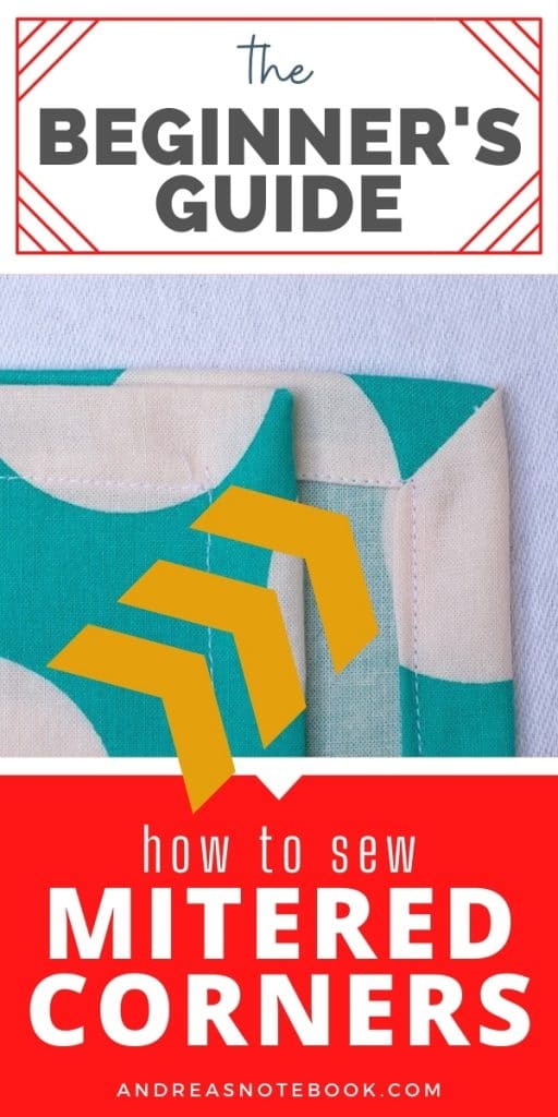 yellow arrows pointing at a mitered corner in a handmade cloth napkin