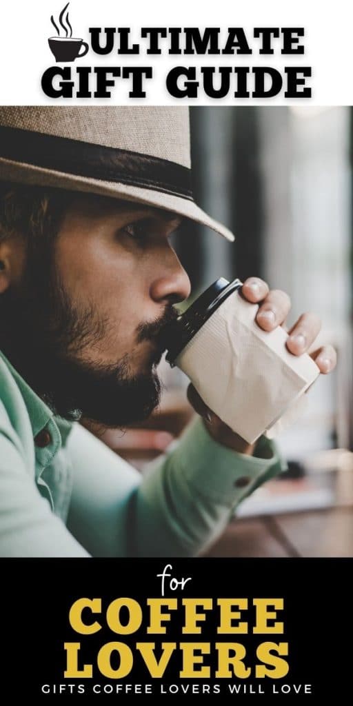 poster: gifts for coffee lovers: man with beard drinking disposable cup of coffee