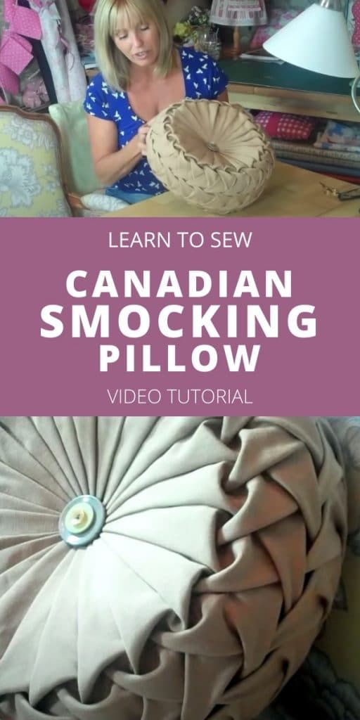 woman holds cushion with canadian smocking - text says learn how to sew canadian smocking round pillow
