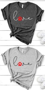 two t-shirts with "love" on the front with the "o" replaced with a red dog print