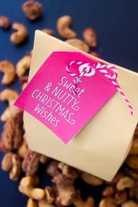 small brown bag with tag that says sweet & nutty christmas wishes, nuts around bag