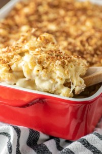 mac and cheese in a casserole dish.