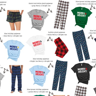 lots of christmas tees and pajama pants of different colors