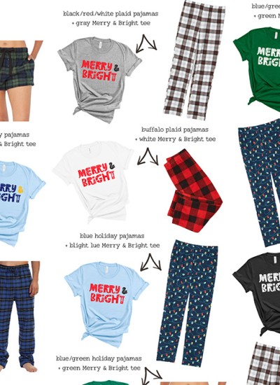lots of christmas tees and pajama pants of different colors
