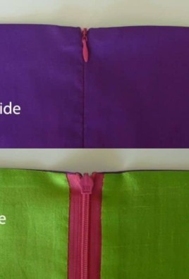 image of inside and outside of lined garment highlighting zipper sewn with invisible zipper foot. Outside zipper doesn't show, inside zipper is pink with green fabric