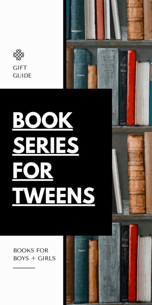 text reads book series for tween in bold black font - photo of books on shelf