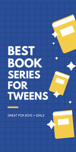 text reads book series for tween in bold black font- blue background with cartoon yellow books